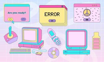 Retrowave set with elements of retro PC y2k. Collection of user interface elements and illustration of technology. Vector colorful illustration. Nostalgia for 1980s-1990s