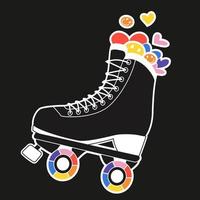 Cute retro roller skate sticker with rainbow wheels in a retrowave aesthetic. Girly y2k sticker, 90s and 2000s style vector