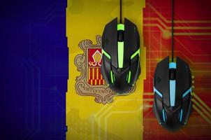 Andorra flag and two mice with backlight. Online cooperative games. Cyber sport team photo