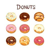 Donut icon set. Sweet pastry banner. Doughnut with white, pink and chocolate glaze and sprinkles. Bakery for party over wight background. vector