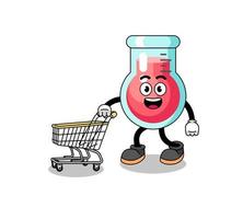 caricatura de vaso de precipitados de laboratorio sosteniendo un carrito de compras vector