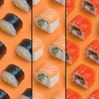 collage con diferentes tipos de rollos de sushi asiáticos sobre fondo naranja. minimalismo vista superior patrón plano laico con comida japonesa foto