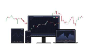 plataforma de comercio de acciones en línea con varios dispositivos como computadora portátil, teléfono inteligente y tableta con estilo plano moderno vector