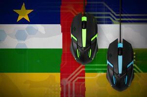 Central African Republic flag and two mice with backlight. Online cooperative games. Cyber sport team photo