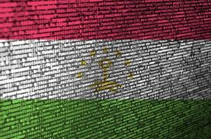 Tajikistan flag is depicted on the screen with the program code. The concept of modern technology and site development photo
