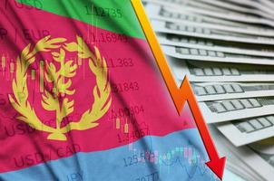 Eritrea flag and chart falling US dollar position with a fan of dollar bills photo