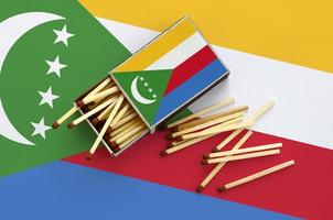 Comoros flag is shown on an open matchbox, from which several matches fall and lies on a large flag photo