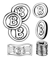 símbolos de bitcoin de negocios negros dibujados a mano. Ilustración de dinero 2d con estilo de diseño de garabato vector