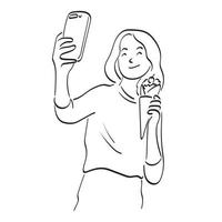 mujer de arte de línea tomando selfie con helado ilustración vector dibujado a mano aislado sobre fondo blanco