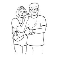 line art couple standing with happiness illustration vector hand drawn isolated on white background