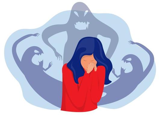 woman fear and crying with imaginary ghosts flying around her Mental disorder and diseases, psychopath or schizophrenic person. Vector in flat style
