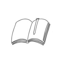 Opened book with pages and bookmark isolated on white. Continuous line drawing. Vector illustration.