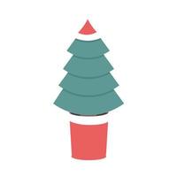 Christmas tree in red pot with Christmas hat decoration. Vector illustration isolated on white background.