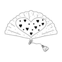 Fan decorated with hearts and dots. Hand drawn doodle illustration. Isolated vector on white background.