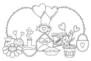 Valentine day elements coloring page. Doodle illustration on white background. Page for coloring book. vector