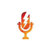 Podcast logo with thunder. Microphone vector logo design.