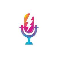 Podcast logo with thunder. Microphone vector logo design.