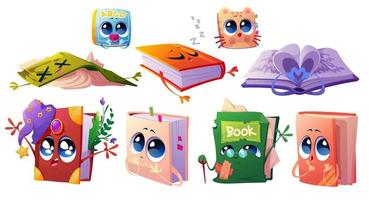 conjunto de libros de dibujos animados, personajes con páginas rotas vector