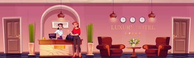Woman guest check in on luxury hotel reception vector