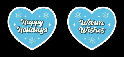 Happy Holidays and Warm Wishes phrases in trendy retro groovy style. Blue hearts stickers with snowflakes and retro stars. Perfect for scrapbooking, greeting card, tag, sticker kit, social media vector