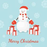 muñeco de nieve y regalos tarjeta de navidad vector