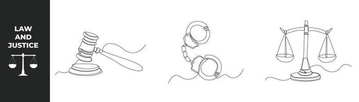 concepto de conjunto de leyes de dibujo de una sola línea. martillo de juez en el bloque, esposas y balanza dual themis de la justicia. ilustración de vector gráfico de diseño de dibujo de línea continua.