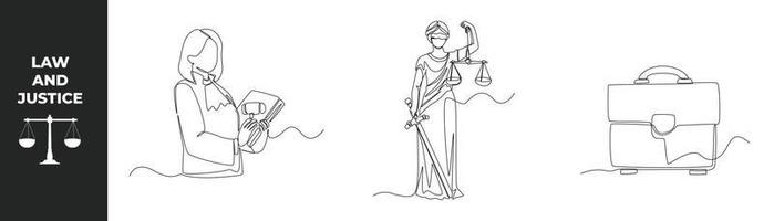 Single one line drawing law set concept. Female judge with book, Lady justice and Lawyer bag. Continuous line draw design graphic vector illustration.
