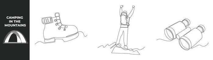 Continuous one line drawing summer camp set concept. Travel boots, Happy boy rising hand with back bag and binoculars. Single line draw design vector graphic illustration.