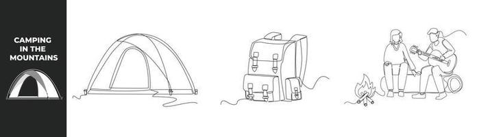 Continuous one line drawing summer camp set concept. Tent, Travel bag and Happy boy and girl sitting around bonfire and play guitar at night camp. Single line draw design vector graphic illustration.