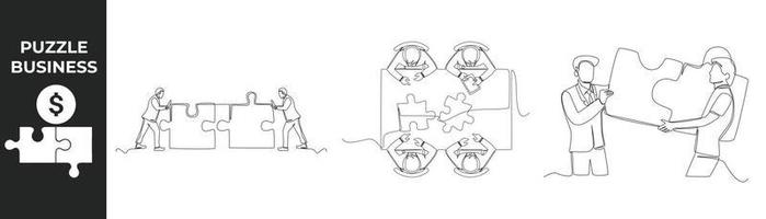 concepto de conjunto de piezas de rompecabezas de negocio de dibujo de una sola línea. equipo de negocios que combina piezas de rompecabezas. ilustración de vector gráfico de diseño de dibujo de línea continua.