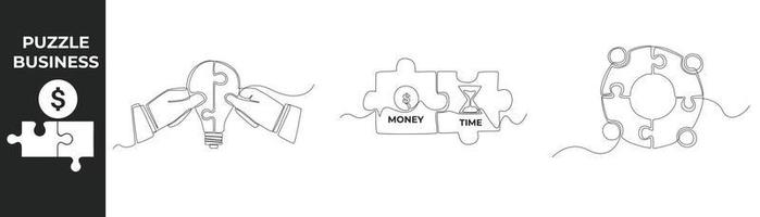 Single one line drawing business puzzle pieces set concept. Matching pieces of puzzle, Dollar money, Sand glass and Circle puzzle. Continuous line draw design graphic vector illustration.