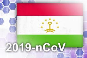 Tajikistan flag and futuristic digital abstract composition with 2019-nCoV inscription. Covid-19 outbreak concept photo