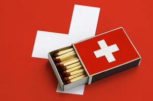 Switzerland flag is shown in an open matchbox, which is filled with matches and lies on a large flag photo