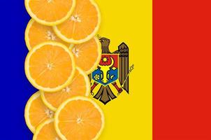 Moldova flag and citrus fruit slices vertical row photo