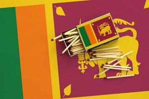 Sri Lanka flag is shown on an open matchbox, from which several matches fall and lies on a large flag photo