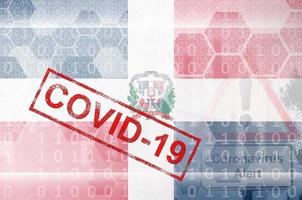 Dominican Republic flag and futuristic digital abstract composition with Covid-19 stamp. Coronavirus outbreak concept photo