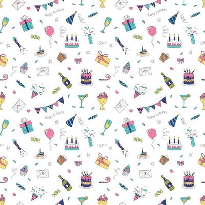 Happy Birthday. Seamless Pattern With Birthday Elements. Cakes, Gifts, Balloons And More.