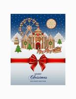 Christmas background with gingerbread landscape. christmas poster with cookies and candies. christmas card with gingerbread circus and ferris wheel vector