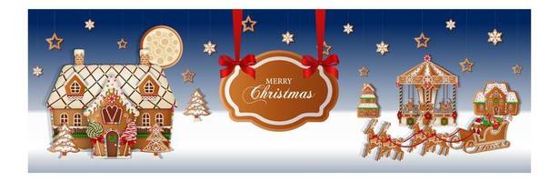 christmas banner with gingerbread landscape. christmas background with gingerbread cookies and candies vector