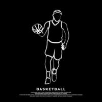 arte de línea blanca vectorial del jugador de baloncesto profesional aislado en fondo negro vector