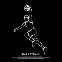 dibujo en línea de un jugador de baloncesto profesional saltando slam dunk aislado en fondo negro vector