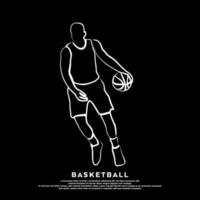 dibujo de línea vectorial del jugador de baloncesto profesional aislado en fondo negro vector