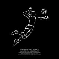 arte de línea blanca de jugadora de voleibol femenino saltando y bola de punta aislada en fondo negro vector