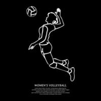 White line drawing of female volleyball player jumping isolated on black background vector