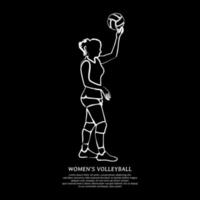 White line drawing of female volleyball player lifting ball isolated on black background vector