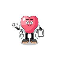 caricatura, mascota, de, corazón, símbolo, doctor vector