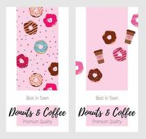 Menu or price tag cover for bakery and donut shop. Template for a flyer or booklet with an offer for a buyer in a candy store. Drawn cute donuts and cups of coffee on a delicious pink background. vector