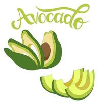 conjunto de frutos de aguacate maduros cortados en rodajas. inscripción de aguacate. producto agrícola sin nitratos vector