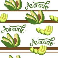 Seamless pattern of ripe avocado fruits, sliced. The inscription is made of AVOCADO. Farm ECO-product without nitrates vector