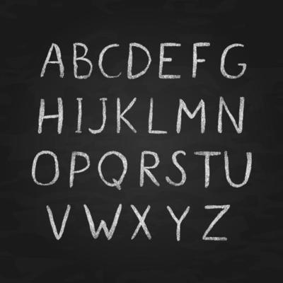 Chalk vector alphabet. Retro hand drawn letters A-Z isolated on chalkboard. Sans serif font. Latin uppercase handwriting symbols.
